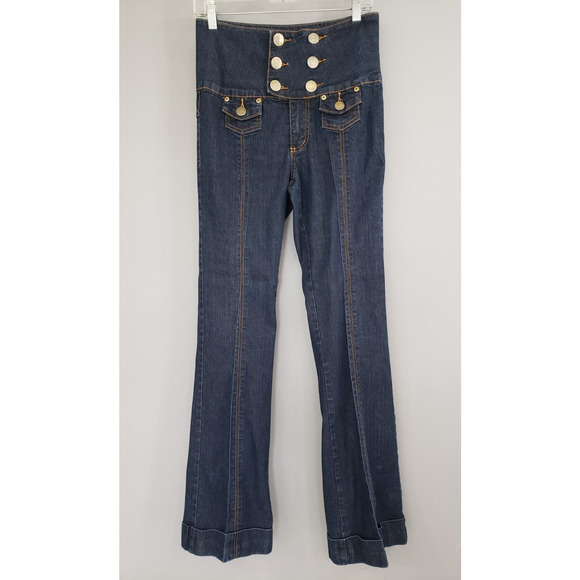 RARE Vintage y2k flare jeans juniors Early 2000s ULTRA HIGH RISE no butt pockets - Picture 1 of 4